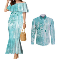 PTSD Awareness Couples Matching Mermaid Dress and Long Sleeve Button Shirt Maile Pikake Lokelani Crown Flower Lei Inspired LT9 Teal - Polynesian Pride