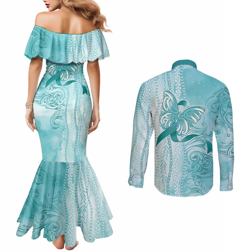 PTSD Awareness Couples Matching Mermaid Dress and Long Sleeve Button Shirt Maile Pikake Lokelani Crown Flower Lei Inspired LT9 - Polynesian Pride