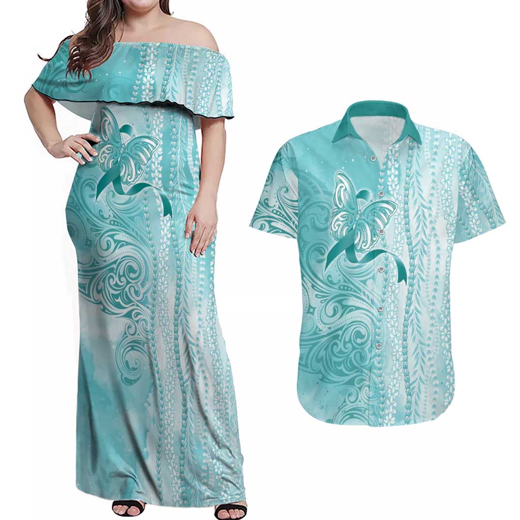 PTSD Awareness Couples Matching Off Shoulder Maxi Dress and Hawaiian Shirt Maile Pikake Lokelani Crown Flower Lei Inspired LT9 Teal - Polynesian Pride