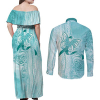 PTSD Awareness Couples Matching Off Shoulder Maxi Dress and Long Sleeve Button Shirt Maile Pikake Lokelani Crown Flower Lei Inspired LT9 - Polynesian Pride