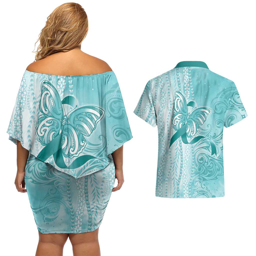 PTSD Awareness Couples Matching Off Shoulder Short Dress and Hawaiian Shirt Maile Pikake Lokelani Crown Flower Lei Inspired LT9 - Polynesian Pride