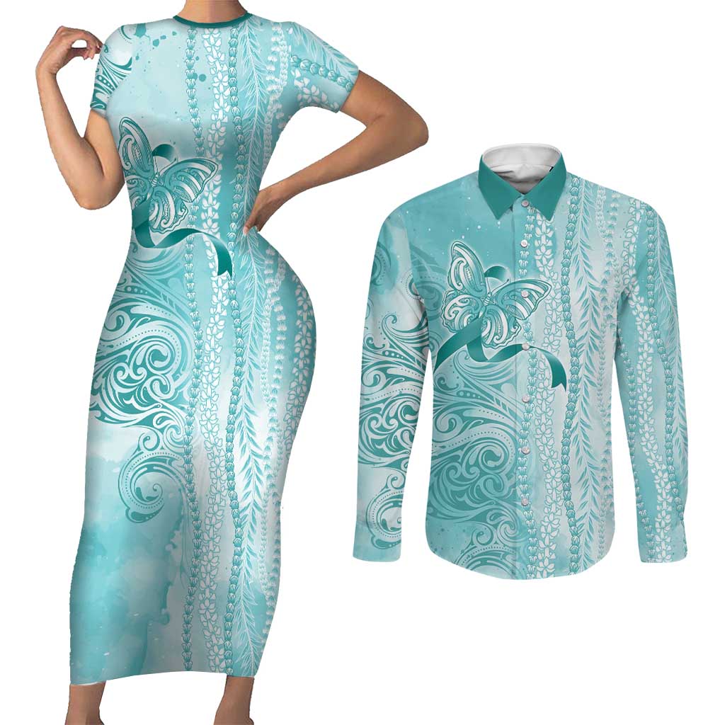 PTSD Awareness Couples Matching Short Sleeve Bodycon Dress and Long Sleeve Button Shirt Maile Pikake Lokelani Crown Flower Lei Inspired LT9 Teal - Polynesian Pride