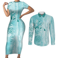 PTSD Awareness Couples Matching Short Sleeve Bodycon Dress and Long Sleeve Button Shirt Maile Pikake Lokelani Crown Flower Lei Inspired LT9 Teal - Polynesian Pride