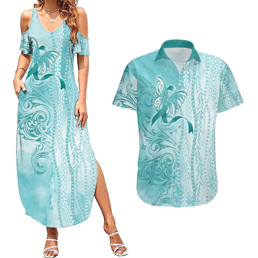 PTSD Awareness Couples Matching Summer Maxi Dress and Hawaiian Shirt Maile Pikake Lokelani Crown Flower Lei Inspired LT9 Teal - Polynesian Pride
