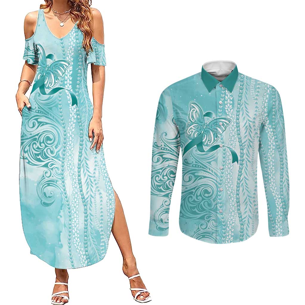 PTSD Awareness Couples Matching Summer Maxi Dress and Long Sleeve Button Shirt Maile Pikake Lokelani Crown Flower Lei Inspired