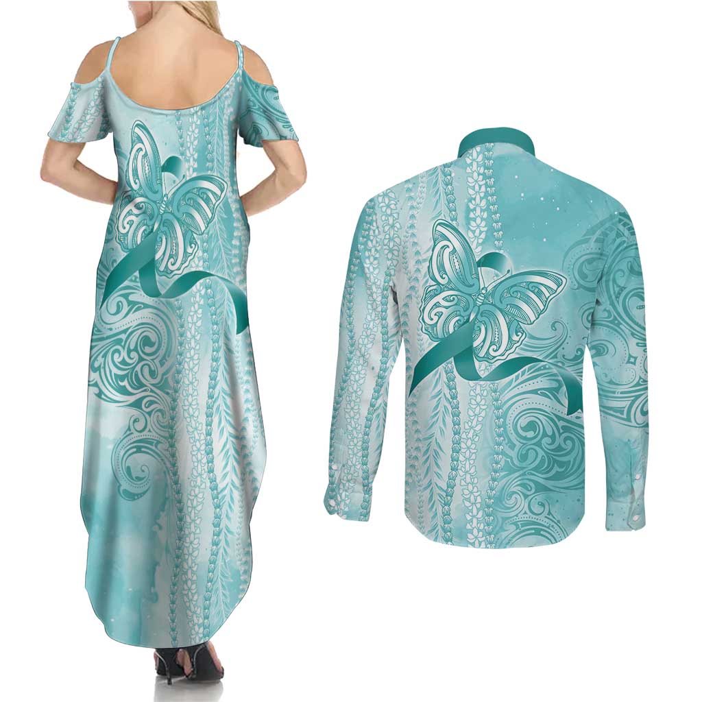 PTSD Awareness Couples Matching Summer Maxi Dress and Long Sleeve Button Shirt Maile Pikake Lokelani Crown Flower Lei Inspired LT9 - Polynesian Pride