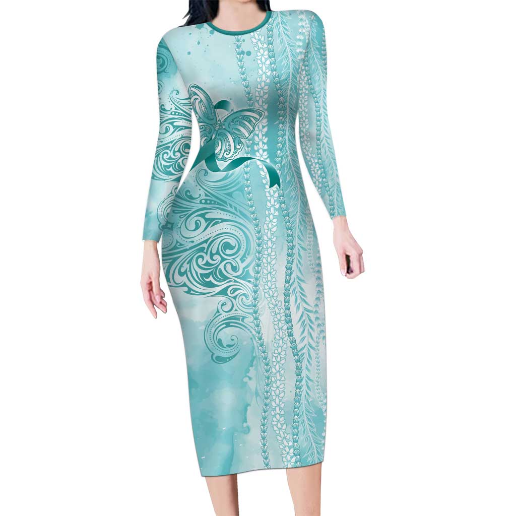 PTSD Awareness Family Matching Long Sleeve Bodycon Dress and Hawaiian Shirt Maile Pikake Lokelani Crown Flower Lei Inspired LT9 Mom's Dress Teal - Polynesian Pride