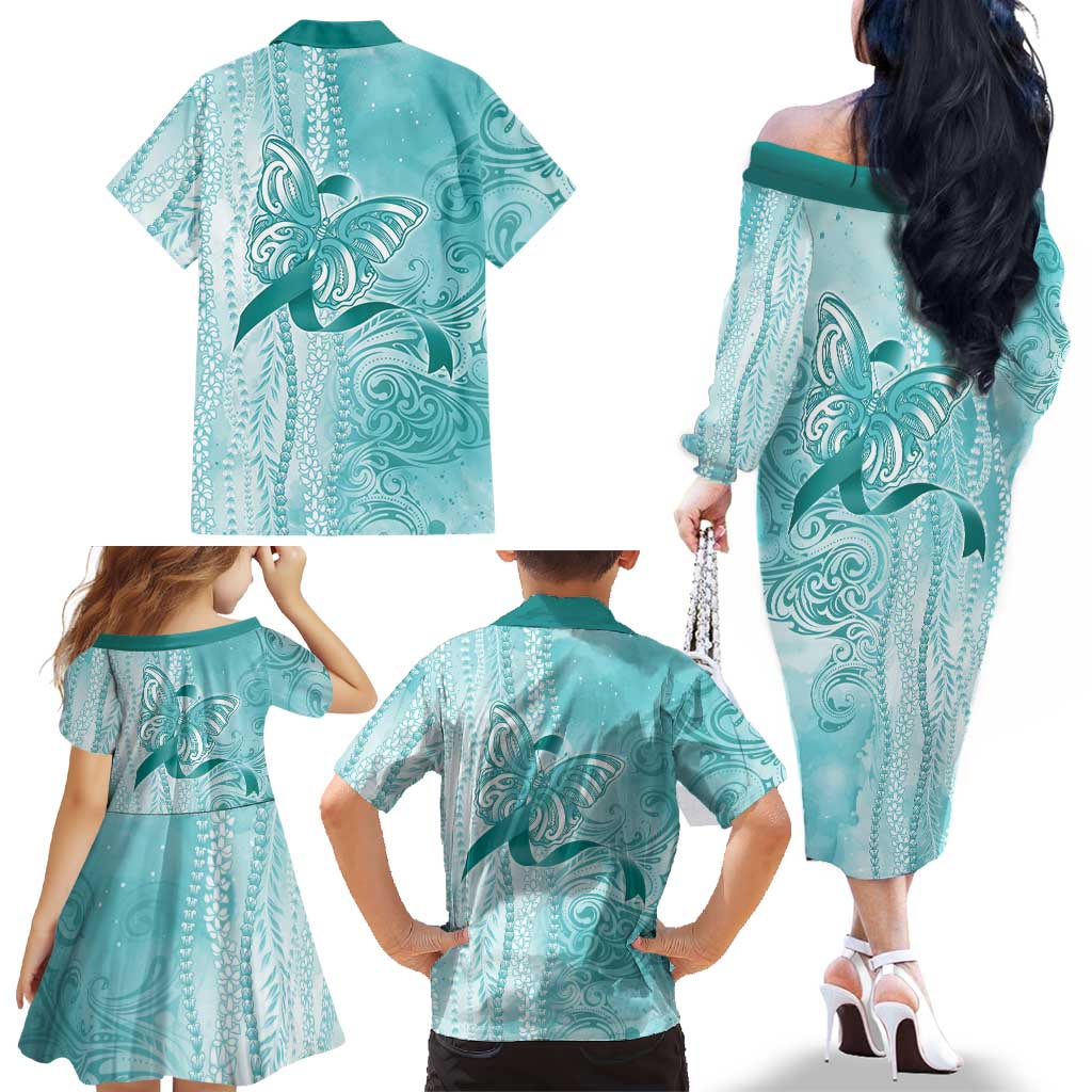 PTSD Awareness Family Matching Off The Shoulder Long Sleeve Dress and Hawaiian Shirt Maile Pikake Lokelani Crown Flower Lei Inspired LT9 - Polynesian Pride