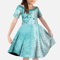 PTSD Awareness Family Matching Puletasi and Hawaiian Shirt Maile Pikake Lokelani Crown Flower Lei Inspired LT9 Daughter's Dress Teal - Polynesian Pride