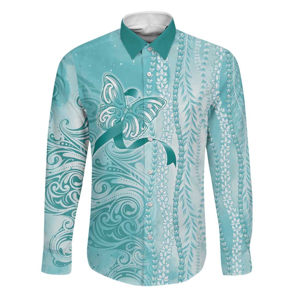 PTSD Awareness Family Matching Puletasi and Hawaiian Shirt Maile Pikake Lokelani Crown Flower Lei Inspired LT9 Dad's Shirt - Long Sleeve Teal - Polynesian Pride