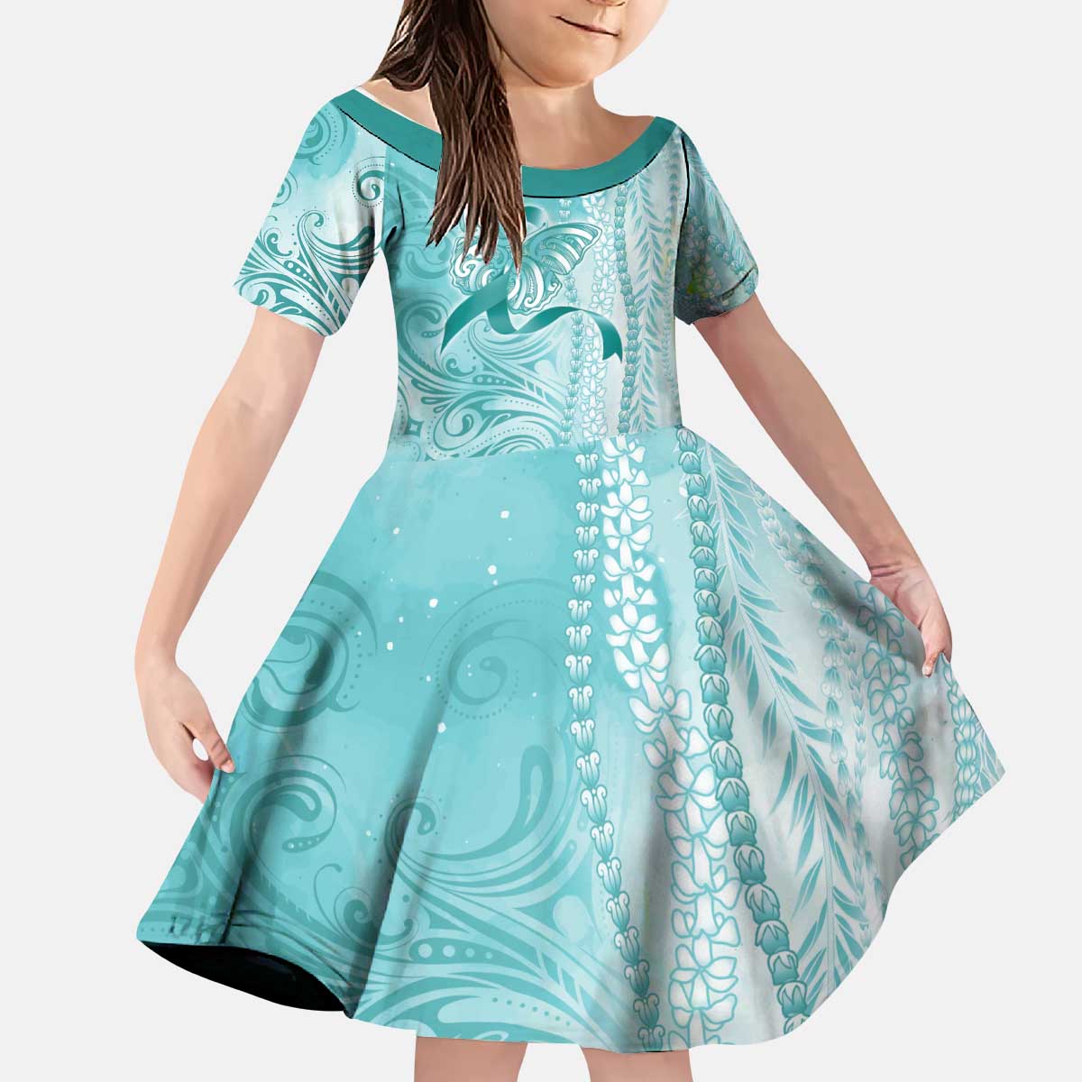 PTSD Awareness Kid Short Sleeve Dress Maile Pikake Lokelani Crown Flower Lei Inspired