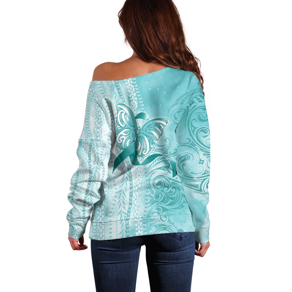 PTSD Awareness Off Shoulder Sweater Maile Pikake Lokelani Crown Flower Lei Inspired