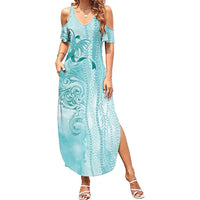PTSD Awareness Summer Maxi Dress Maile Pikake Lokelani Crown Flower Lei Inspired LT9 Women Teal - Polynesian Pride