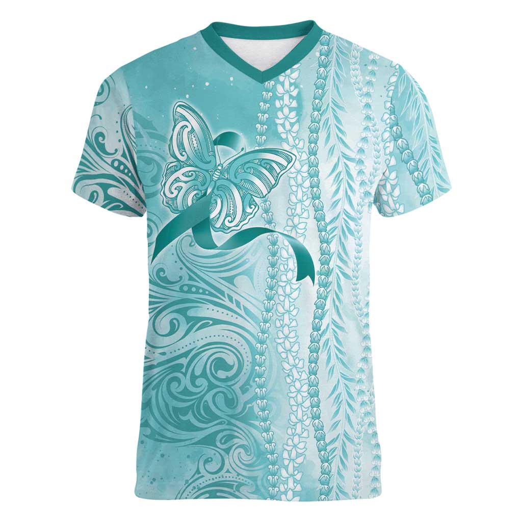 PTSD Awareness Women V-Neck T-Shirt Maile Pikake Lokelani Crown Flower Lei Inspired LT9 Female Teal - Polynesian Pride