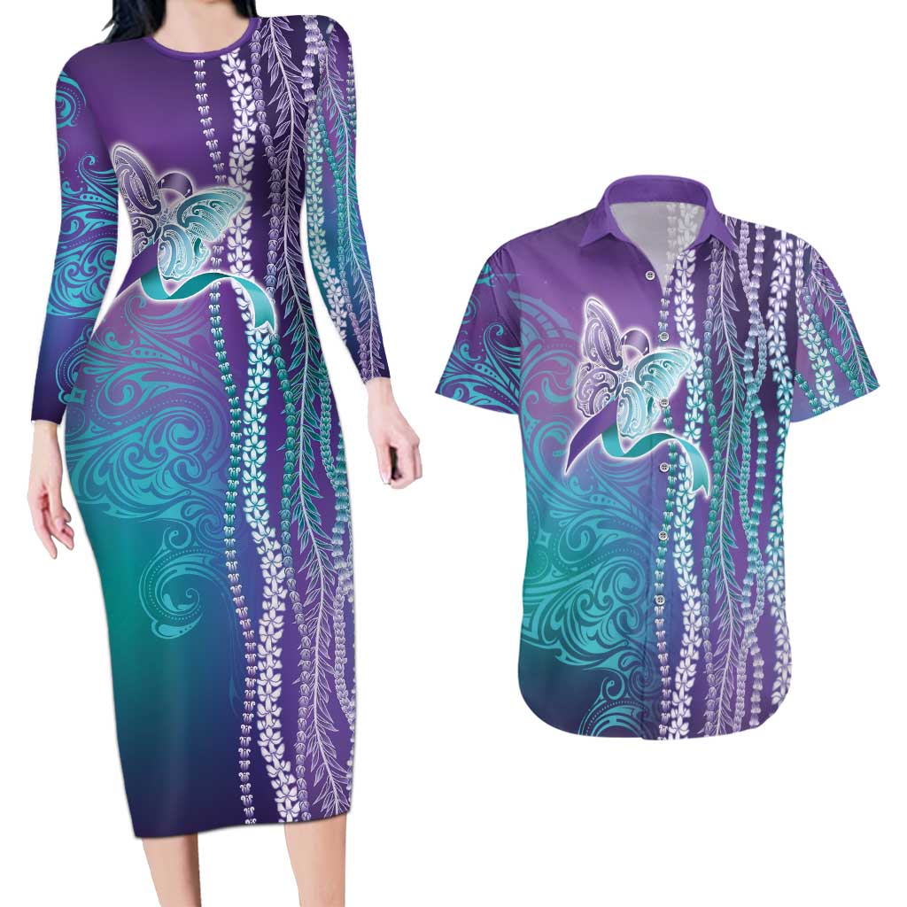 Suicide Prevention Awareness Couples Matching Long Sleeve Bodycon Dress and Hawaiian Shirt Maile Pikake Lokelani Crown Flower Lei Inspired LT9 Multicolor - Polynesian Pride
