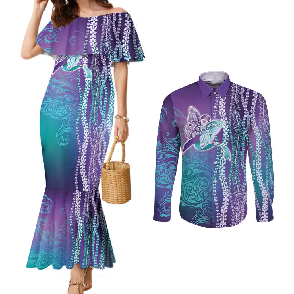 Suicide Prevention Awareness Couples Matching Mermaid Dress and Long Sleeve Button Shirt Maile Pikake Lokelani Crown Flower Lei Inspired LT9 Multicolor - Polynesian Pride