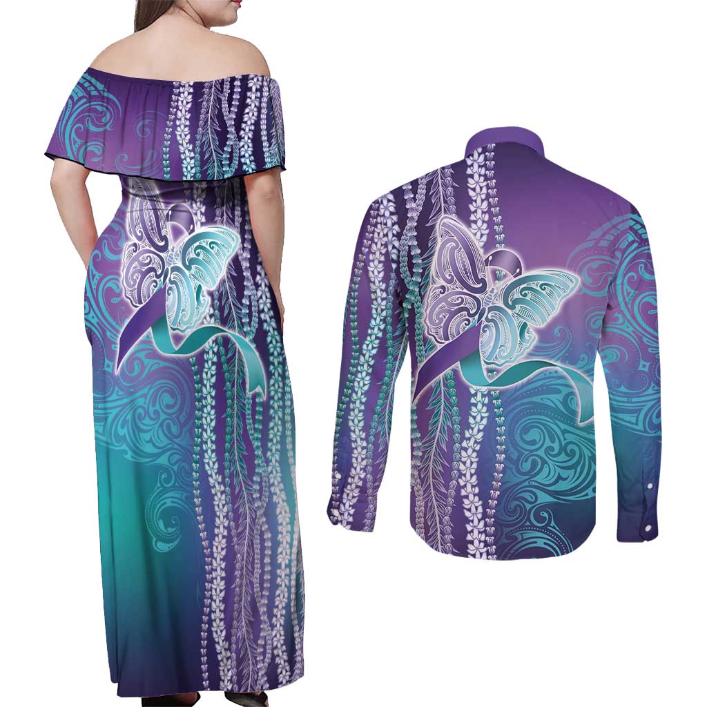 Suicide Prevention Awareness Couples Matching Off Shoulder Maxi Dress and Long Sleeve Button Shirt Maile Pikake Lokelani Crown Flower Lei Inspired LT9 - Polynesian Pride