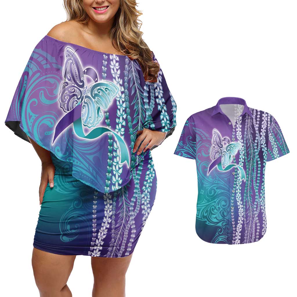 Suicide Prevention Awareness Couples Matching Off Shoulder Short Dress and Hawaiian Shirt Maile Pikake Lokelani Crown Flower Lei Inspired LT9 Multicolor - Polynesian Pride