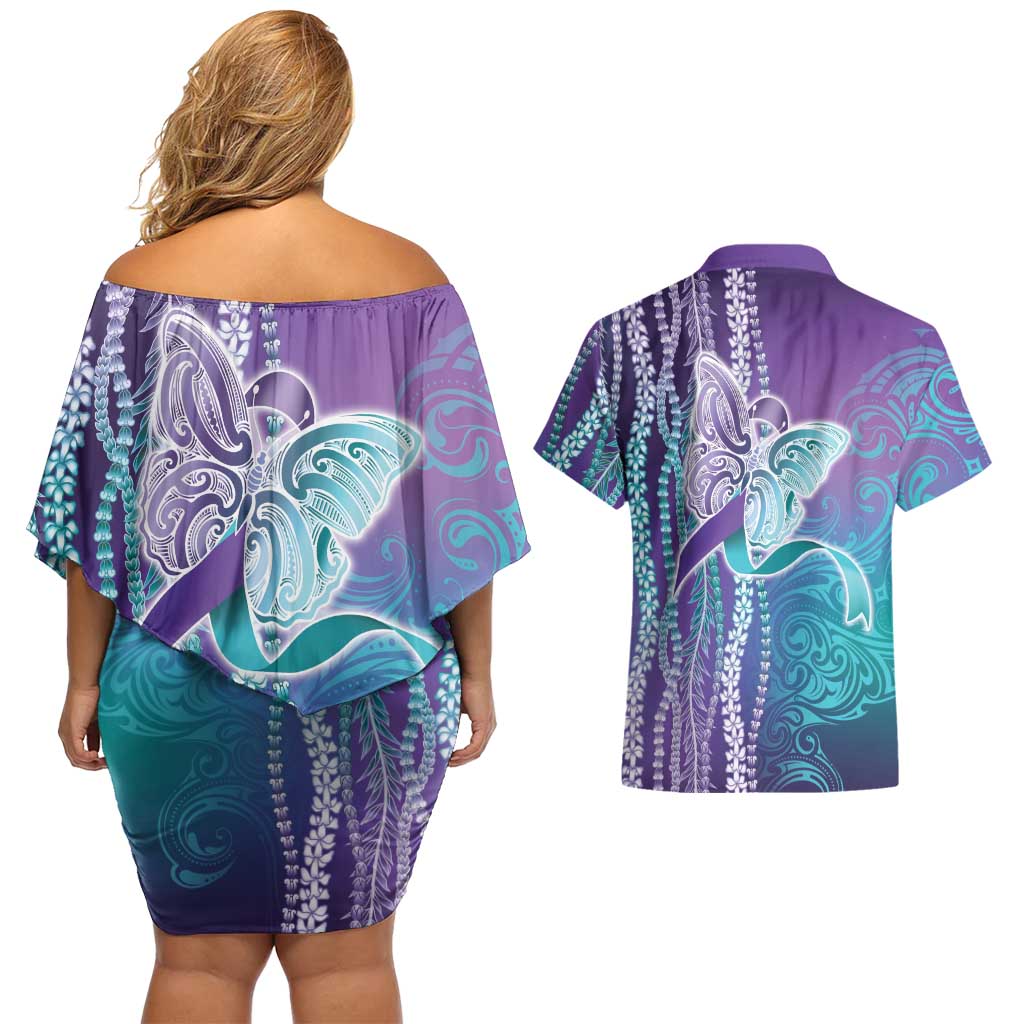 Suicide Prevention Awareness Couples Matching Off Shoulder Short Dress and Hawaiian Shirt Maile Pikake Lokelani Crown Flower Lei Inspired LT9 - Polynesian Pride
