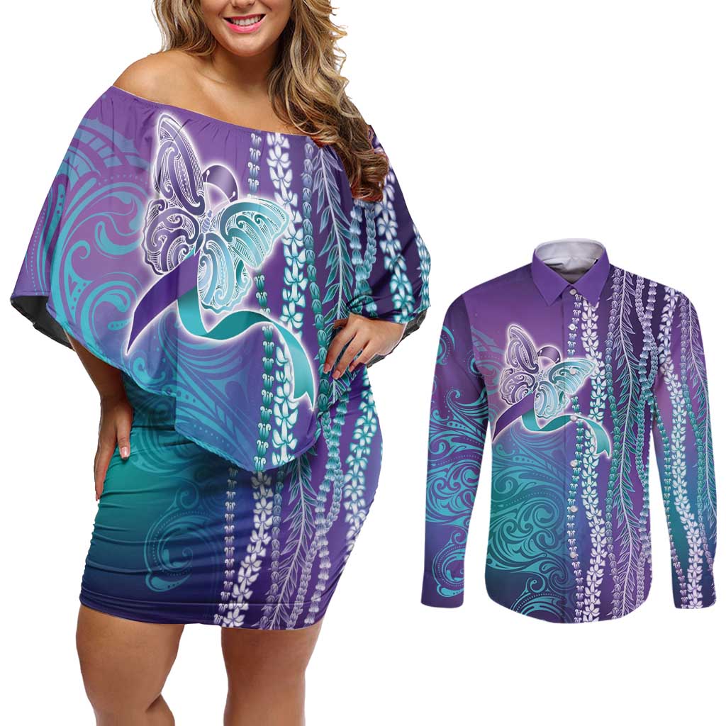Suicide Prevention Awareness Couples Matching Off Shoulder Short Dress and Long Sleeve Button Shirt Maile Pikake Lokelani Crown Flower Lei Inspired LT9 Multicolor - Polynesian Pride