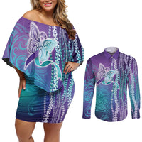 Suicide Prevention Awareness Couples Matching Off Shoulder Short Dress and Long Sleeve Button Shirt Maile Pikake Lokelani Crown Flower Lei Inspired LT9 Multicolor - Polynesian Pride