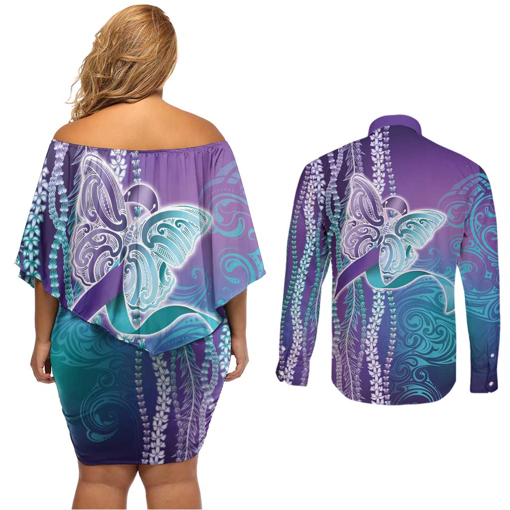 Suicide Prevention Awareness Couples Matching Off Shoulder Short Dress and Long Sleeve Button Shirt Maile Pikake Lokelani Crown Flower Lei Inspired LT9 - Polynesian Pride
