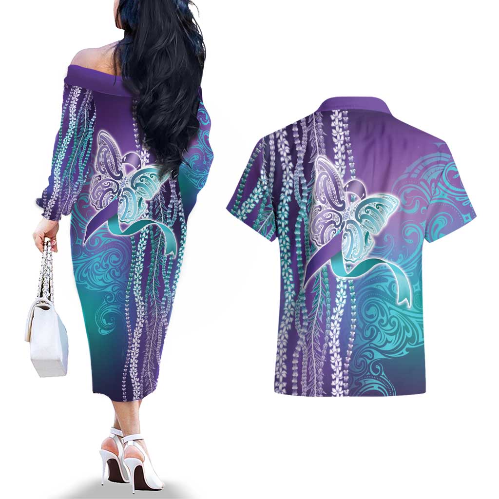 Suicide Prevention Awareness Couples Matching Off The Shoulder Long Sleeve Dress and Hawaiian Shirt Maile Pikake Lokelani Crown Flower Lei Inspired LT9 - Polynesian Pride