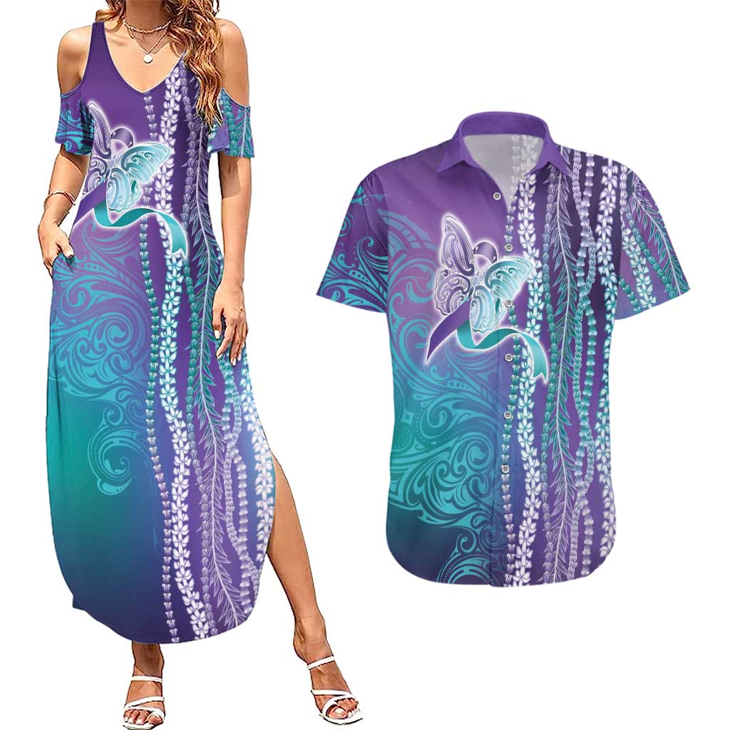 Suicide Prevention Awareness Couples Matching Summer Maxi Dress and Hawaiian Shirt Maile Pikake Lokelani Crown Flower Lei Inspired LT9 Multicolor - Polynesian Pride