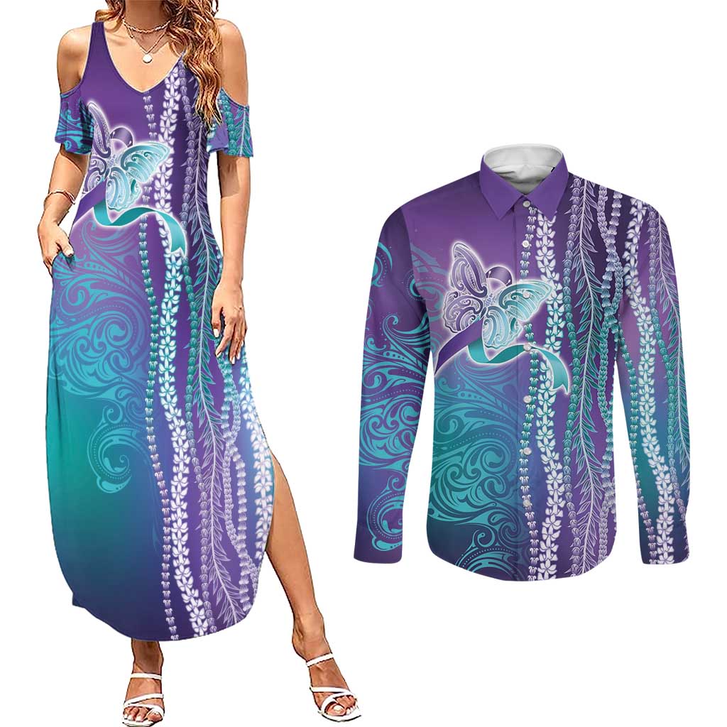 Suicide Prevention Awareness Couples Matching Summer Maxi Dress and Long Sleeve Button Shirt Maile Pikake Lokelani Crown Flower Lei Inspired LT9 Multicolor - Polynesian Pride