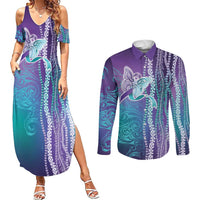 Suicide Prevention Awareness Couples Matching Summer Maxi Dress and Long Sleeve Button Shirt Maile Pikake Lokelani Crown Flower Lei Inspired LT9 Multicolor - Polynesian Pride