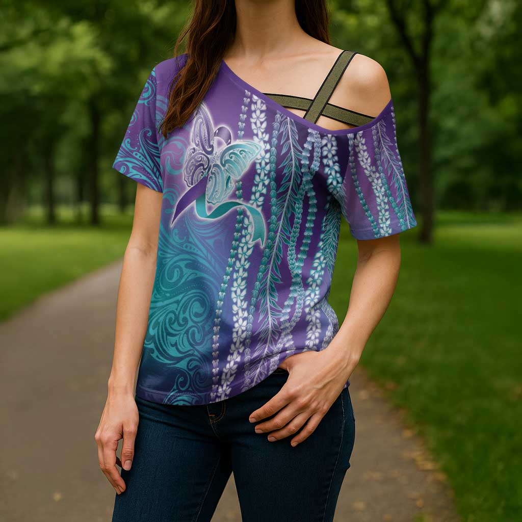Suicide Prevention Awareness Cross Shoulder Shirt Maile Pikake Lokelani Crown Flower Lei Inspired