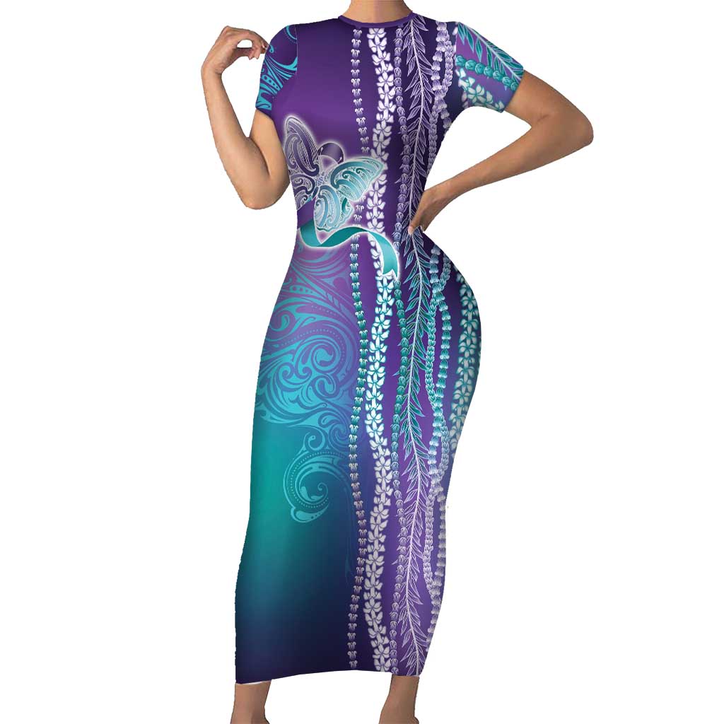 Suicide Prevention Awareness Short Sleeve Bodycon Dress Maile Pikake Lokelani Crown Flower Lei Inspired LT9 Long Dress Multicolor - Polynesian Pride