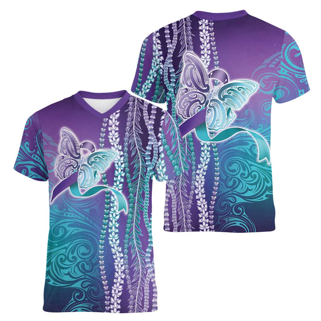 Suicide Prevention Awareness Women V-Neck T-Shirt Maile Pikake Lokelani Crown Flower Lei Inspired LT9 - Polynesian Pride