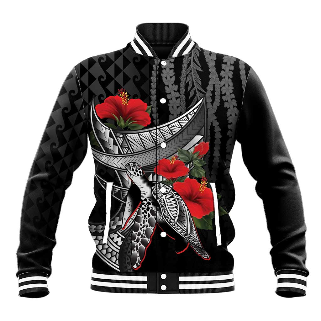 Hawaiian Honu Personalized Baseball Jacket Black Tribal Hook Pattern