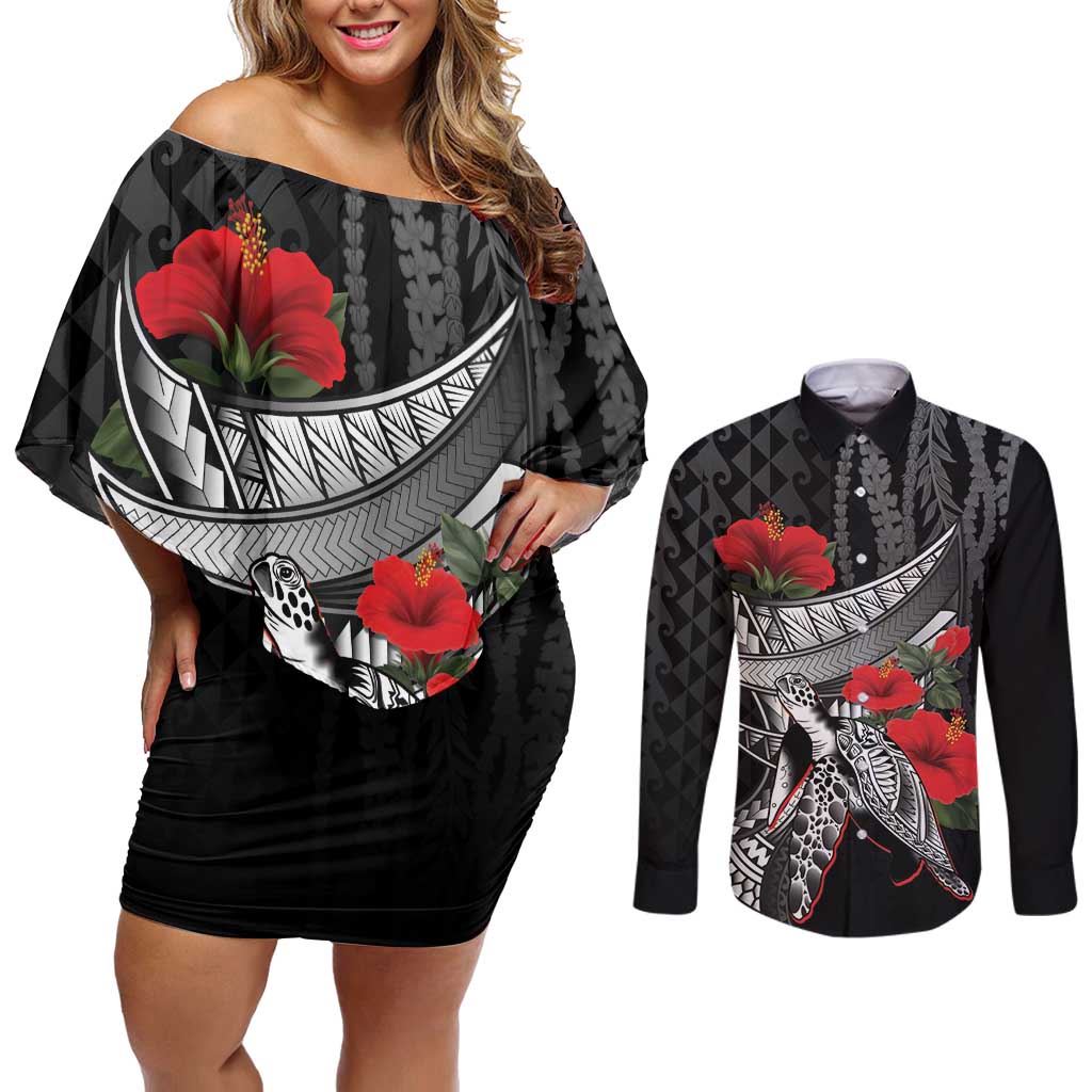 Hawaiian Honu Personalized Couples Matching Off Shoulder Short Dress and Long Sleeve Button Shirt Black Tribal Hook Pattern