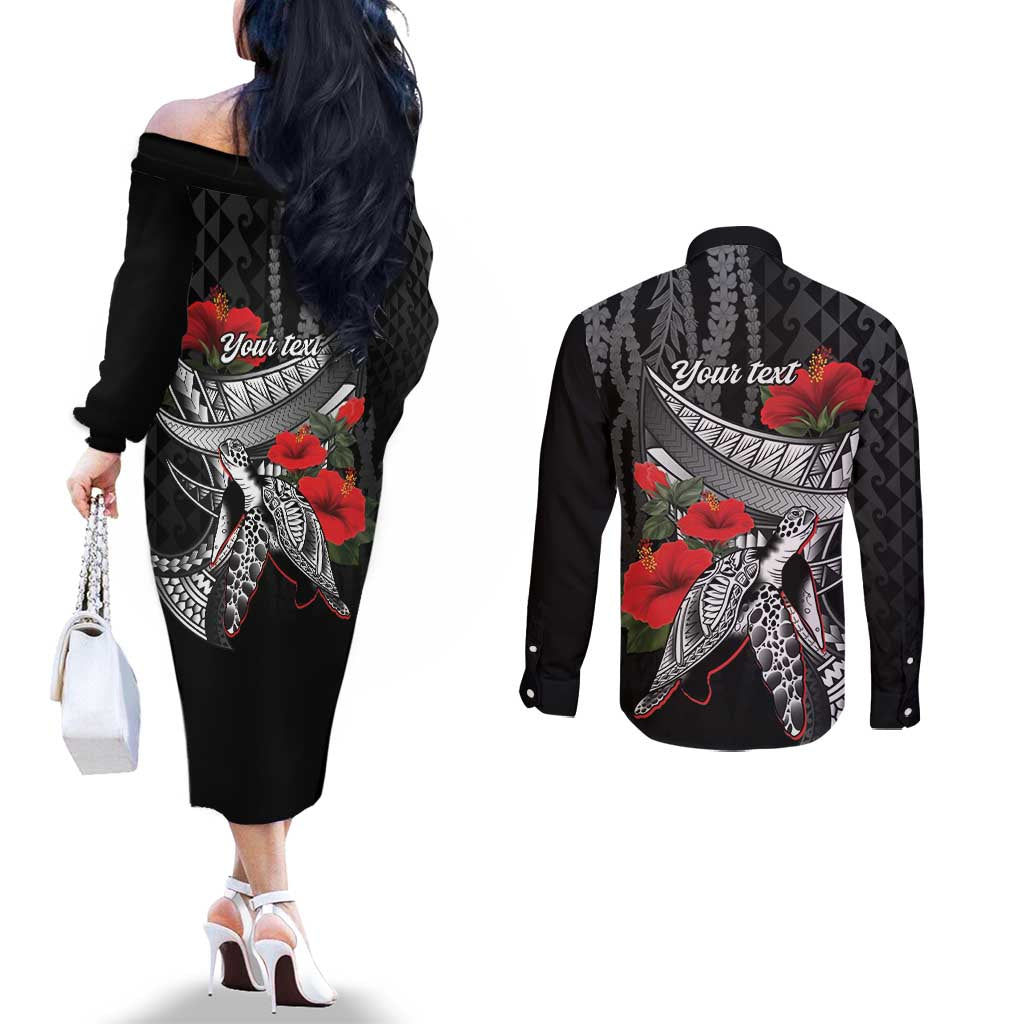 Hawaiian Honu Personalized Couples Matching Off The Shoulder Long Sleeve Dress and Long Sleeve Button Shirt Black Tribal Hook Pattern