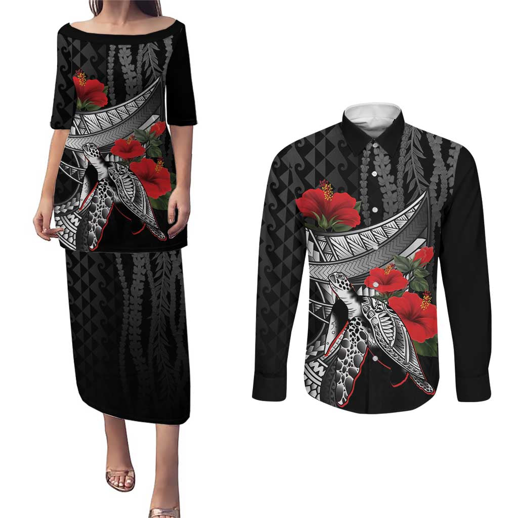 Hawaiian Honu Personalized Couples Matching Puletasi and Long Sleeve Button Shirt Black Tribal Hook Pattern