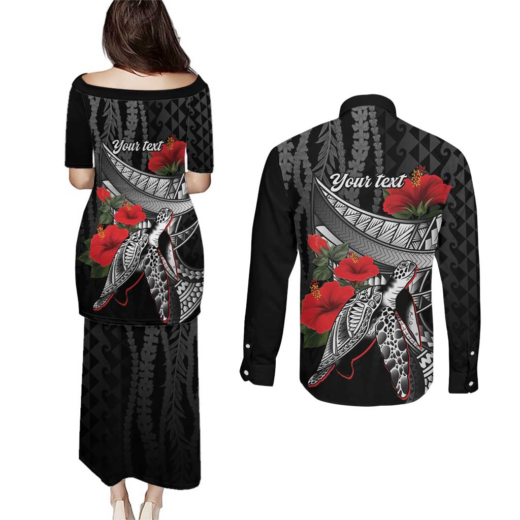 Hawaiian Honu Personalized Couples Matching Puletasi and Long Sleeve Button Shirt Black Tribal Hook Pattern