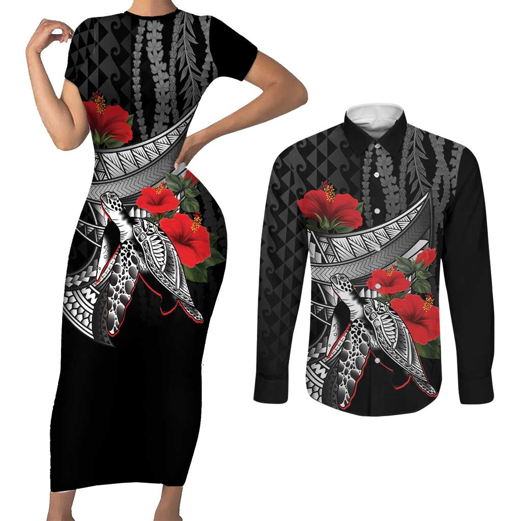 Hawaiian Honu Personalized Couples Matching Short Sleeve Bodycon Dress and Long Sleeve Button Shirt Black Tribal Hook Pattern