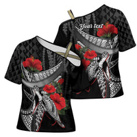 Hawaiian Honu Personalized Cross Shoulder Shirt Black Tribal Hook Pattern