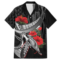 Hawaiian Honu Personalized Family Matching Off Shoulder Short Dress and Hawaiian Shirt Black Tribal Hook Pattern