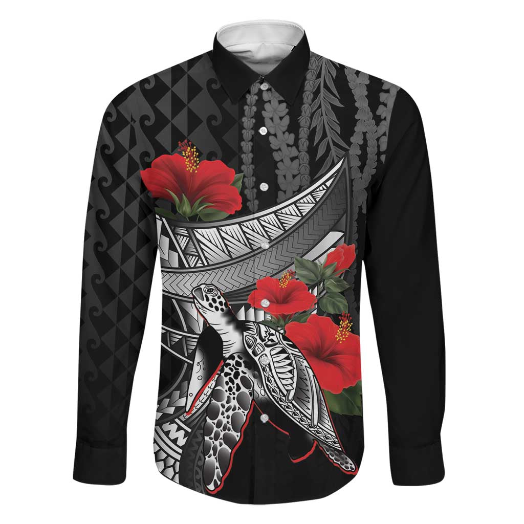 Hawaiian Honu Personalized Family Matching Off Shoulder Short Dress and Hawaiian Shirt Black Tribal Hook Pattern