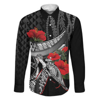 Hawaiian Honu Personalized Family Matching Off Shoulder Short Dress and Hawaiian Shirt Black Tribal Hook Pattern