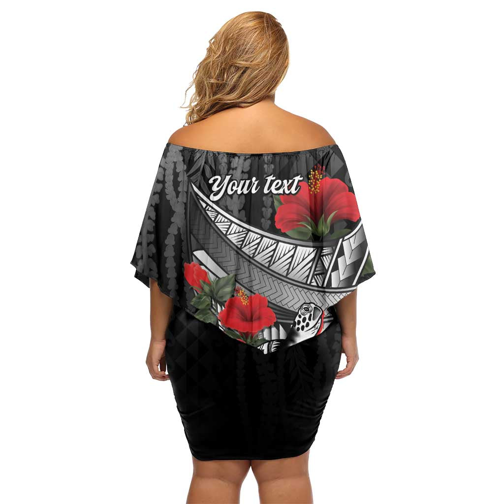 Hawaiian Honu Personalized Family Matching Off Shoulder Short Dress and Hawaiian Shirt Black Tribal Hook Pattern