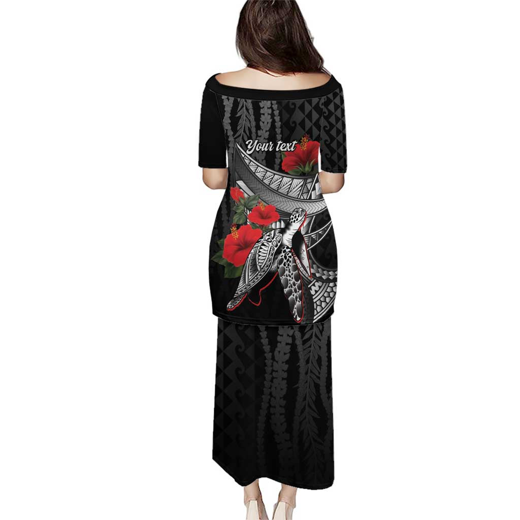 Hawaiian Honu Personalized Family Matching Puletasi and Hawaiian Shirt Black Tribal Hook Pattern