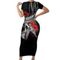 Hawaiian Honu Personalized Family Matching Short Sleeve Bodycon Dress and Hawaiian Shirt Black Tribal Hook Pattern LT9 Mom's Dress Black - Polynesian Pride