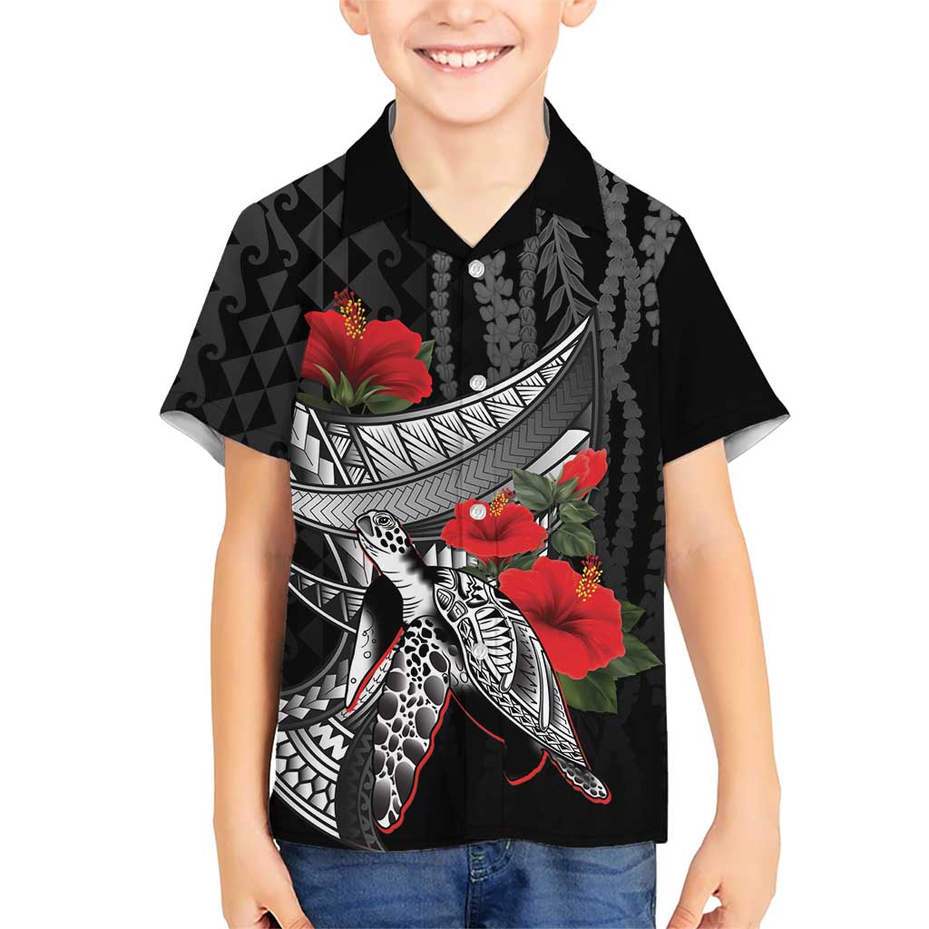 Hawaiian Honu Personalized Kid Hawaiian Shirt Black Tribal Hook Pattern LT9 Kid Black - Polynesian Pride