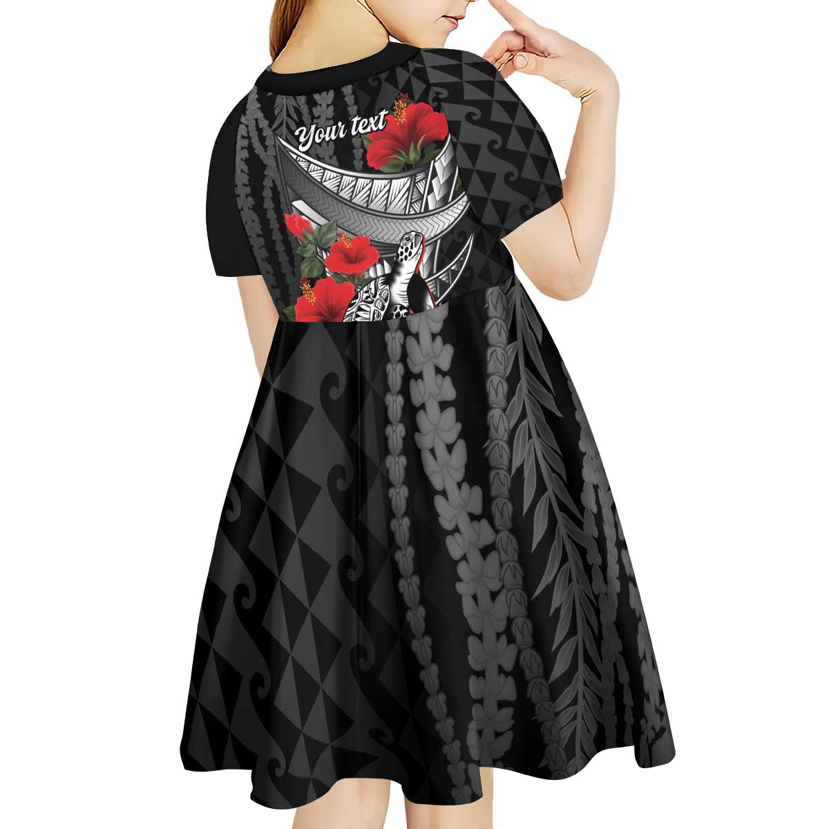 Hawaiian Honu Personalized Kid Short Sleeve Dress Black Tribal Hook Pattern