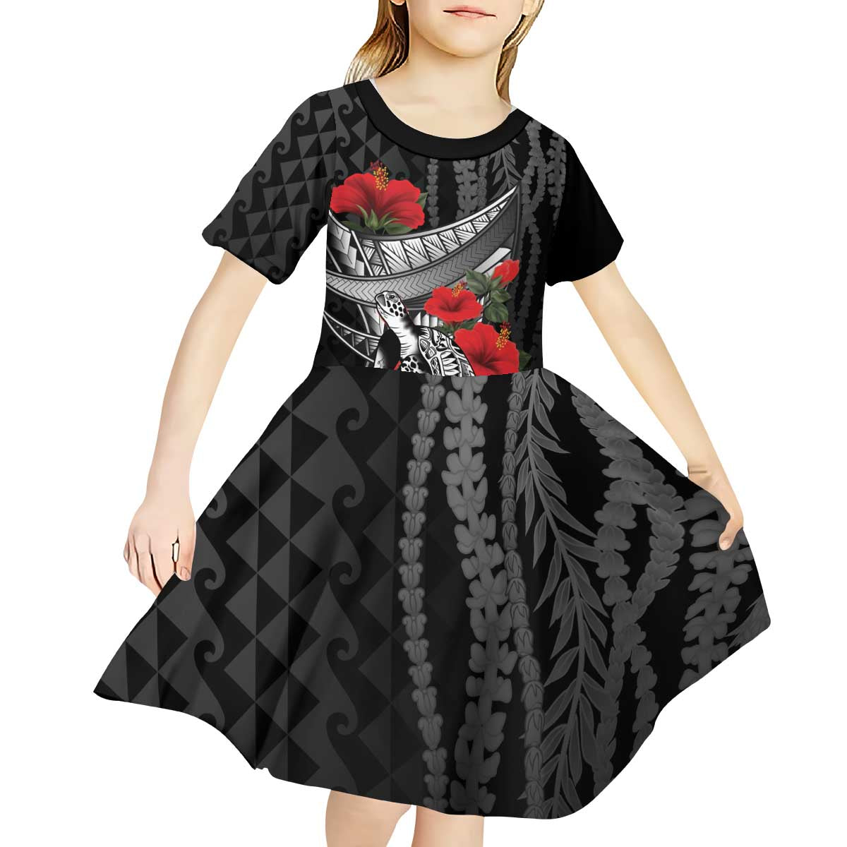 Hawaiian Honu Personalized Kid Short Sleeve Dress Black Tribal Hook Pattern