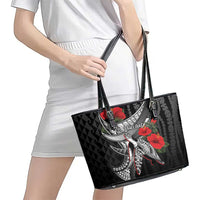 Hawaiian Honu Personalized Leather Tote Bag Black Tribal Hook Pattern